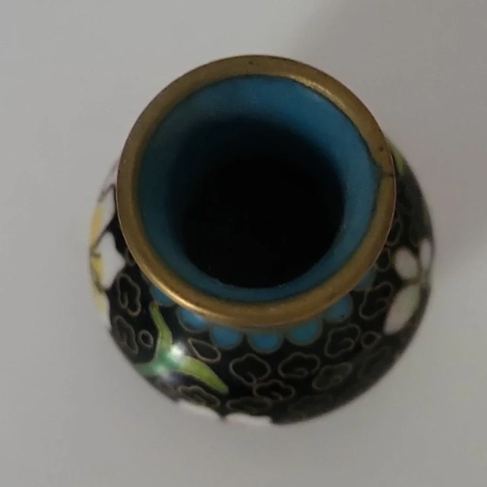 VINTAGE MINIATURE MINI CHINESE CLOISONNE VASE BLUE & PINK FLORAL 2